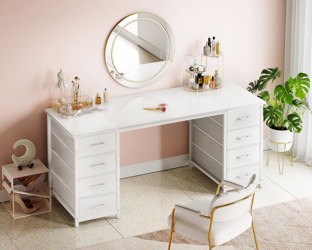55 Inch Computer Desk with 8 Fabric Drawers White Y792252