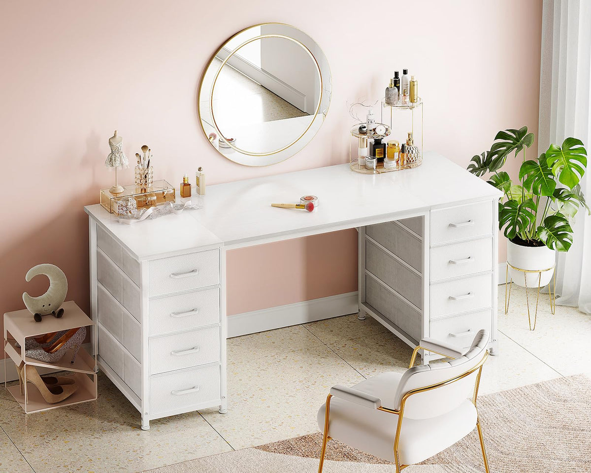 55 Inch Computer Desk with 8 Fabric Drawers White Y792252