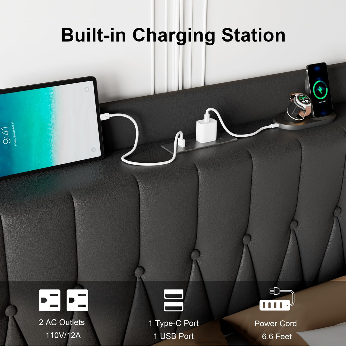 Black Leather Full Size Bed Frame with Charging Station L7627
