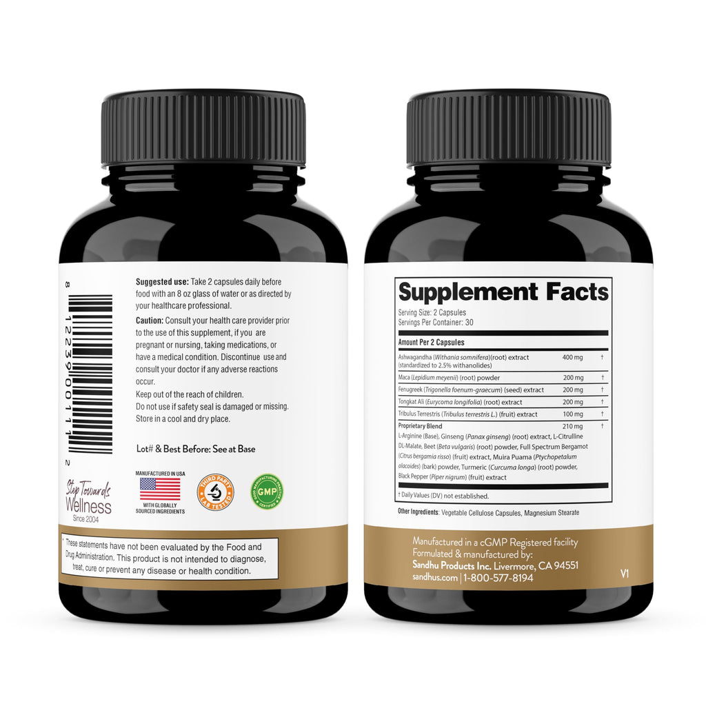 Maca Root Fenugreek Ashwagandha L-Arginine Ginseng Muira Puama Herbal Supplement 60 Capsules W15629
