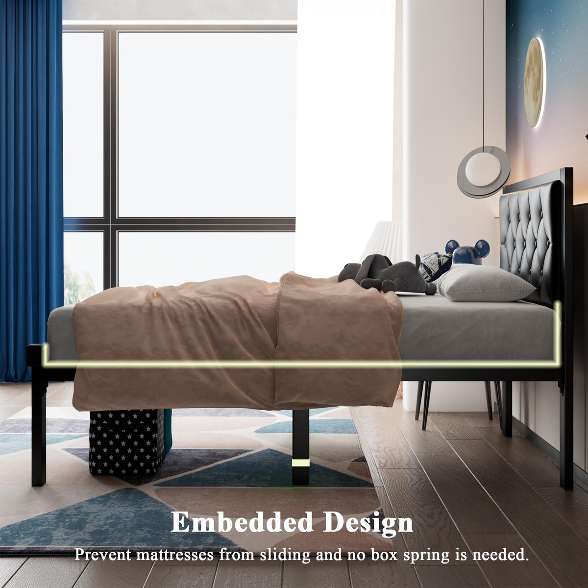 Twin Size Black Metal Platform Bed Frame with Faux Leather Tufted Headboard S2403