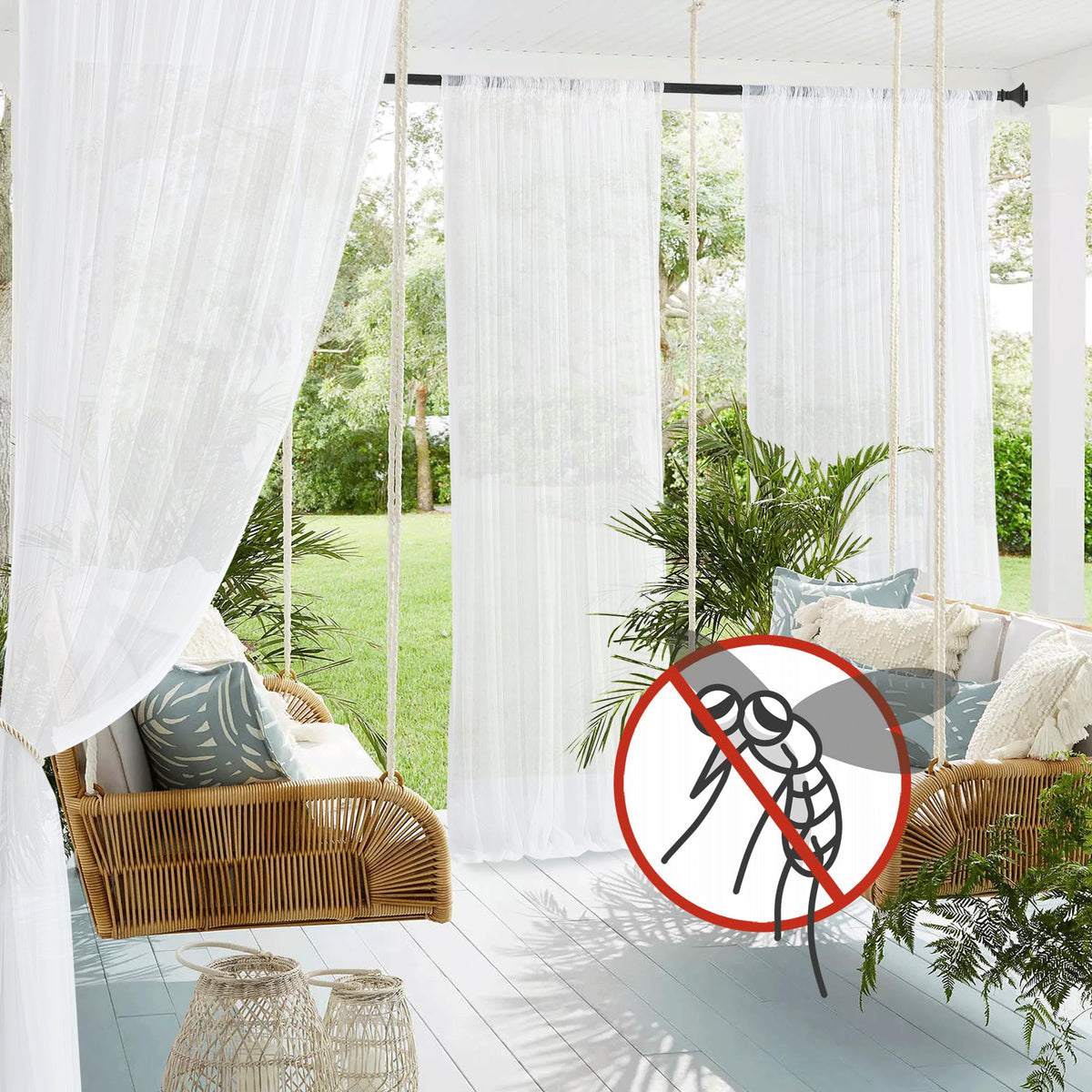 White 2 Panels Waterproof Mosquito Netting Curtains I8418