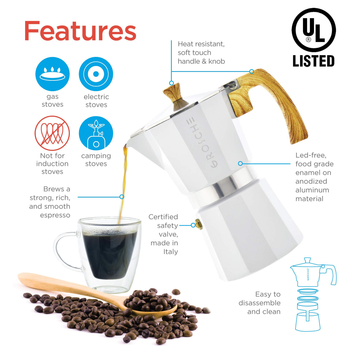 Stovetop Espresso Maker Moka Pot 5 oz White H597810