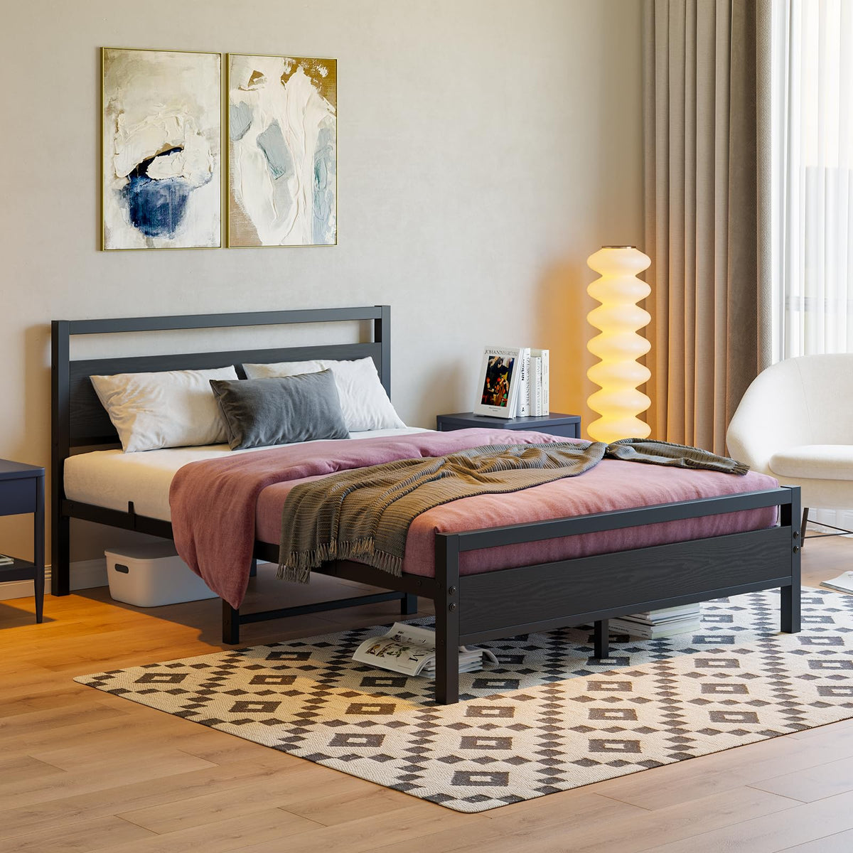 Black Full Size Bed Frame with Wood Headboard and Storage S41193