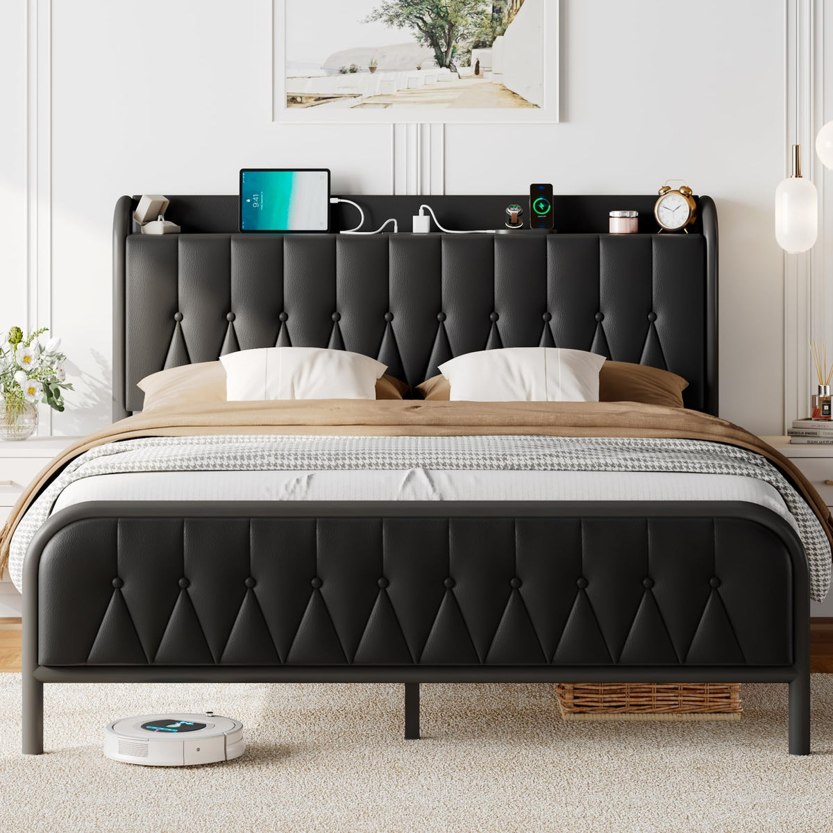 Black Leather Full Size Bed Frame with Charging Station L7627