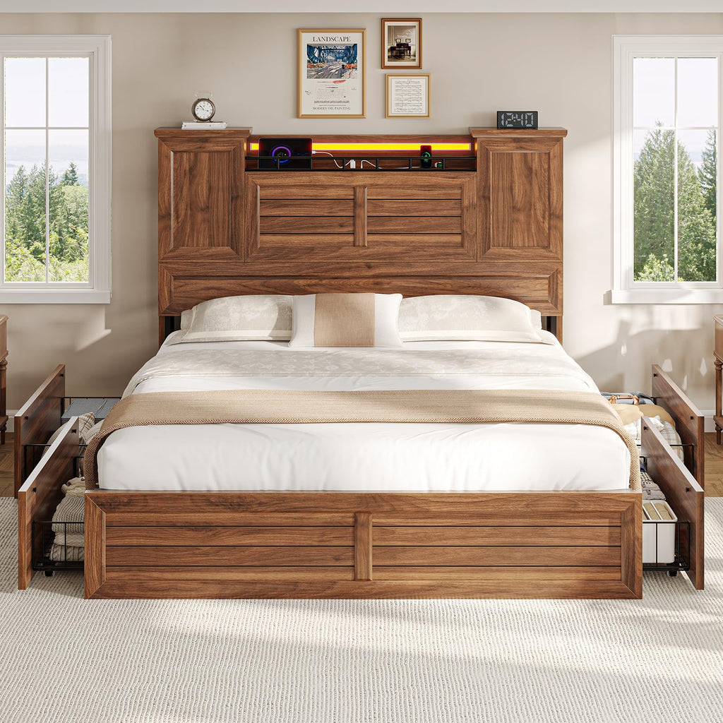 Queen Size Wooden Platform Bed Frame with Headboard Storage Drawers E818752