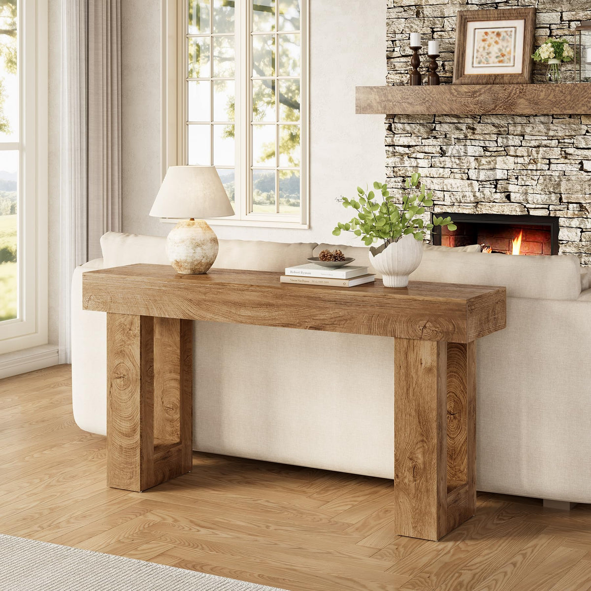 63 Inches Oak Color Wooden Console Table E957