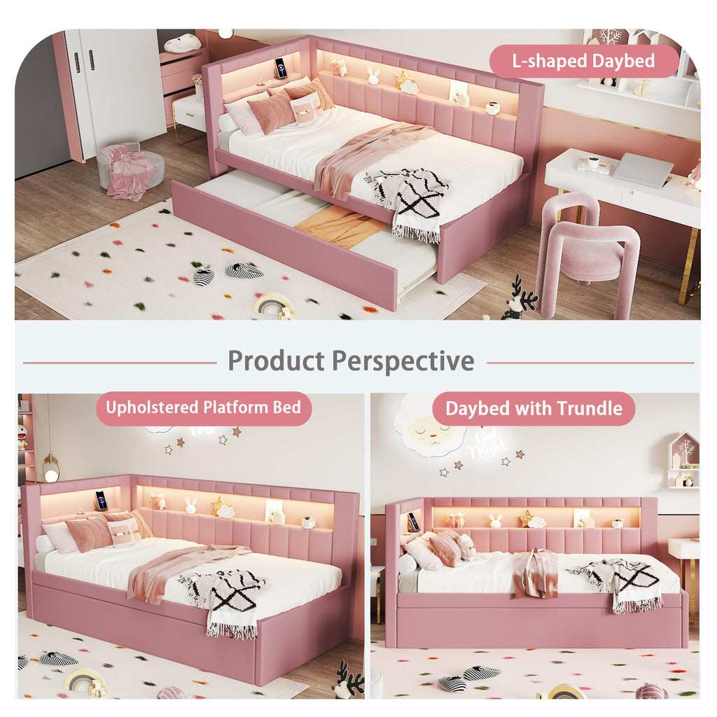 Twin Size Upholstered Platform Bed with Trundle and USB Ports, Pink E12319