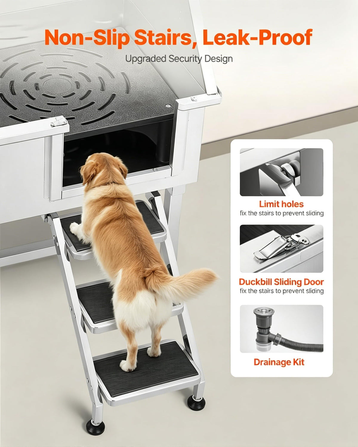 38” Stainless Steel Dog Washing Station with Faucet and Non-Slip Steps V1406