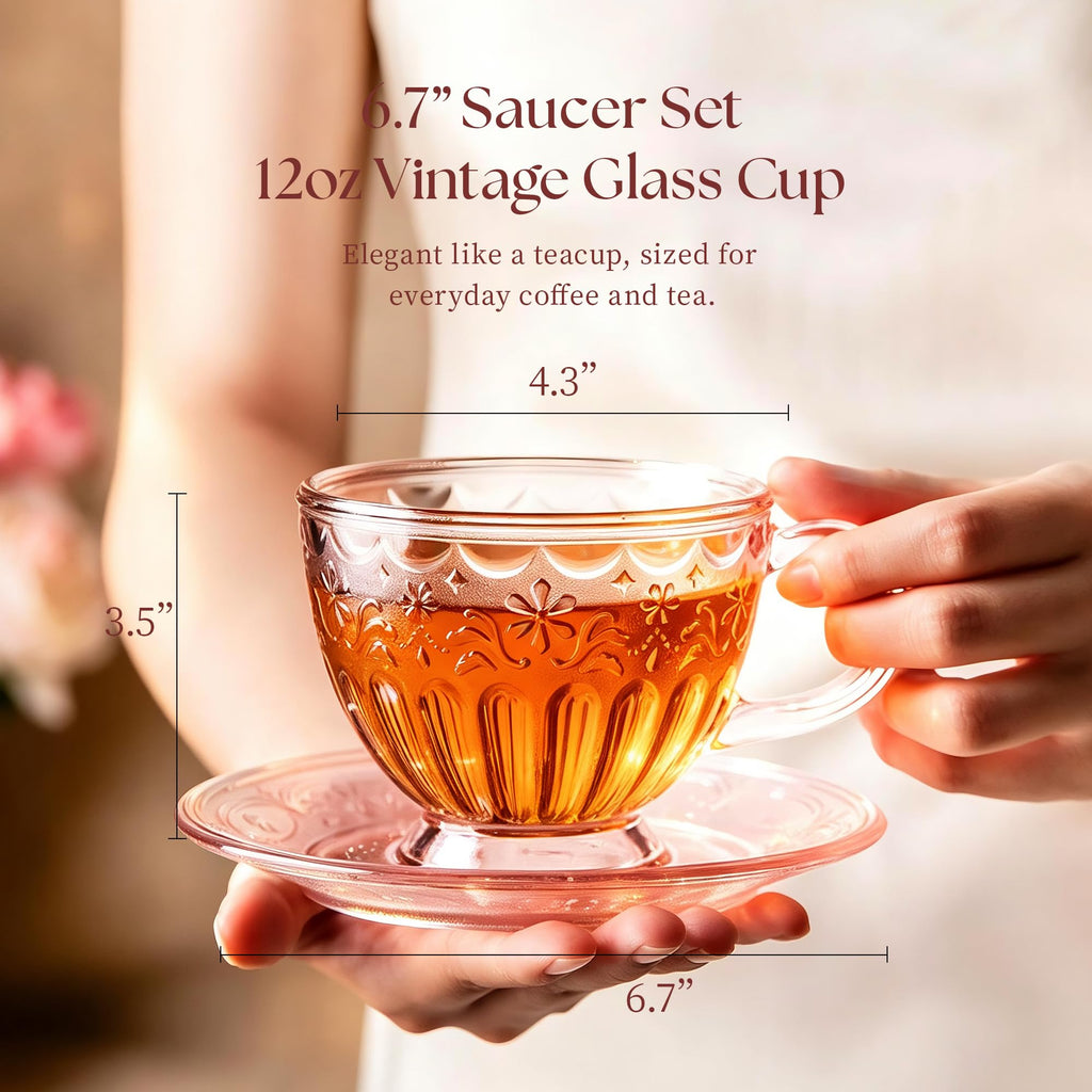 Glass Tea Cup and Saucer Set, 12 oz E3080
