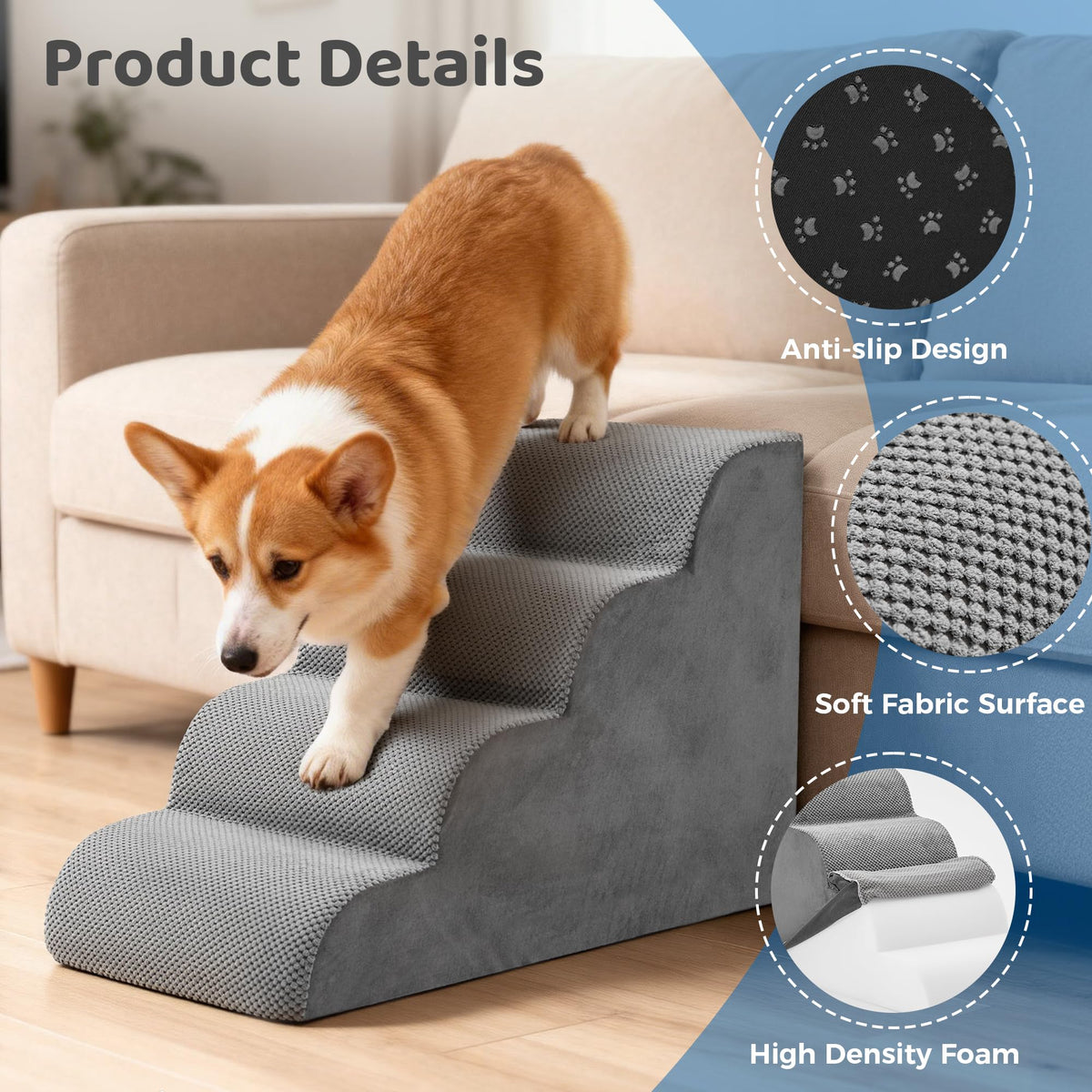Grey 4-Step Curved Pet Dog Stairs E686