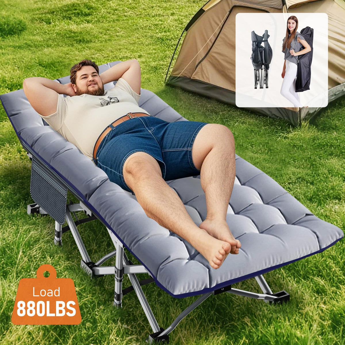 Folding Camping Cot with Mat & Carry Bag H612372