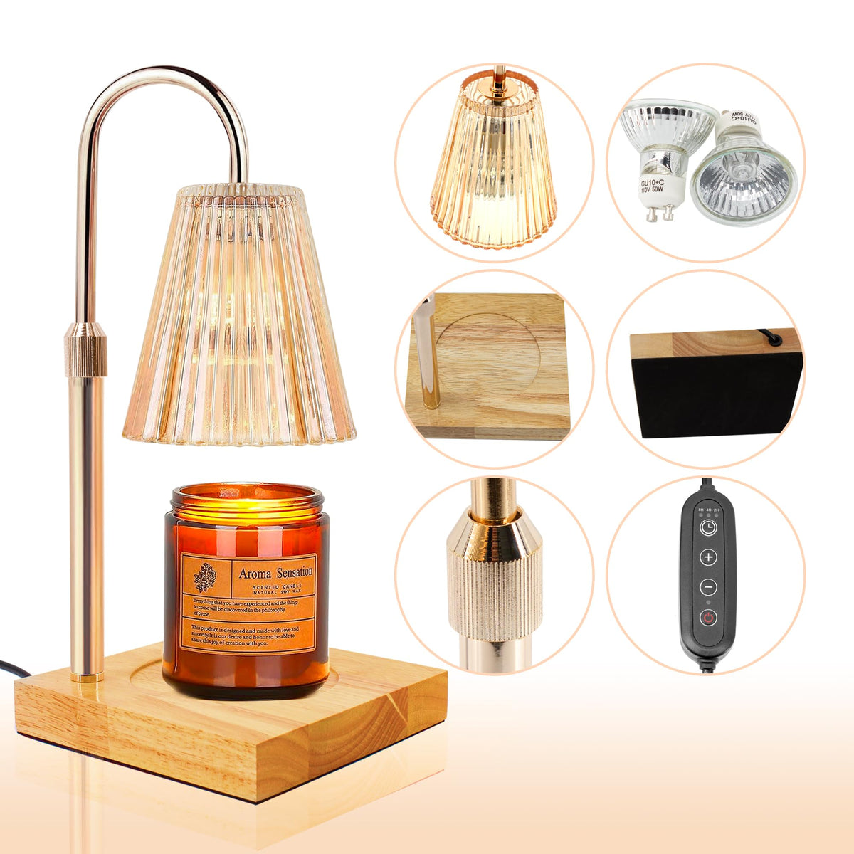 Candle Warmer Lamp with 2 Bulbs, Dimmable, Timer, Adjustable Height U128338