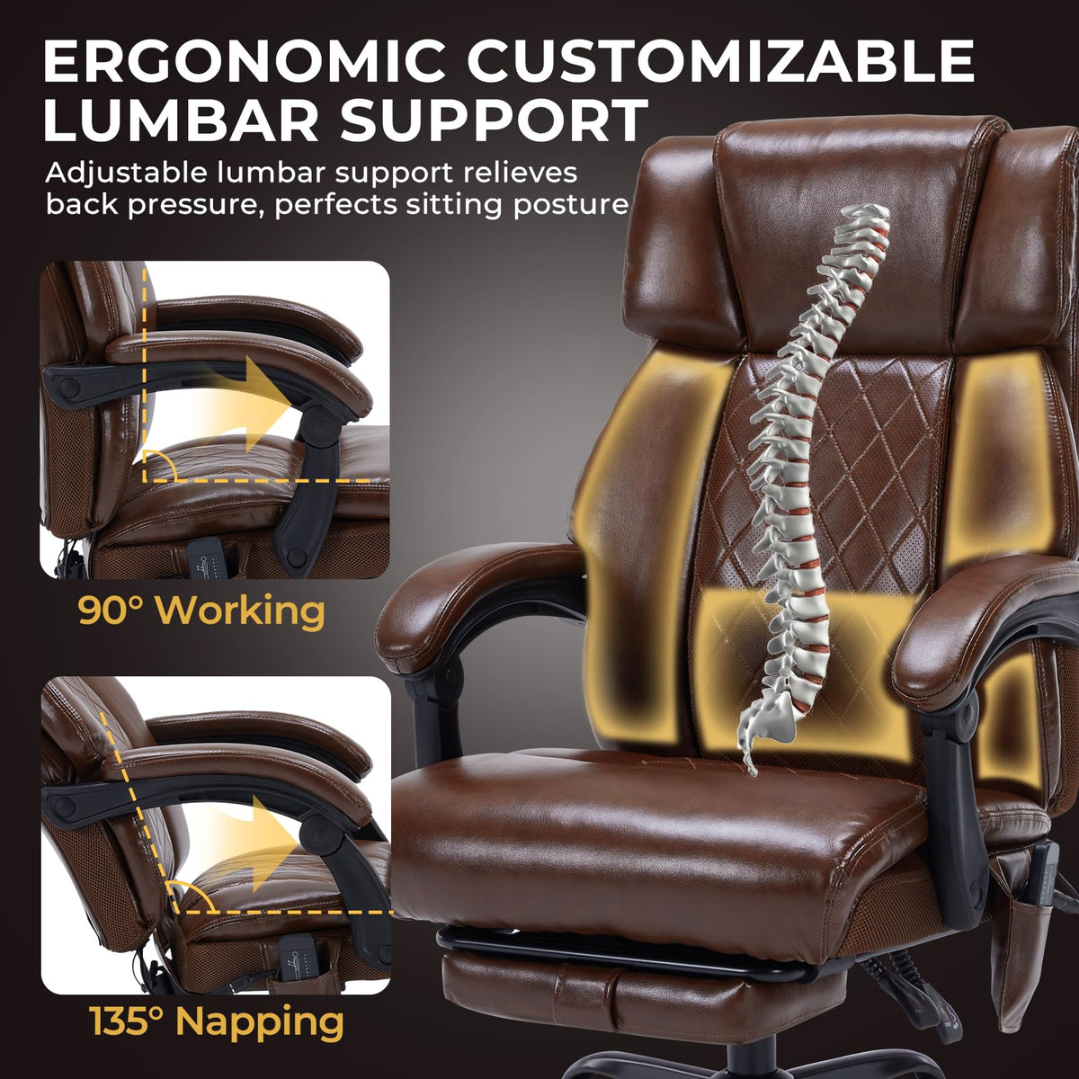 Brown Heated Massage Reclining Leather Office Chair with Foot Rest K706156
