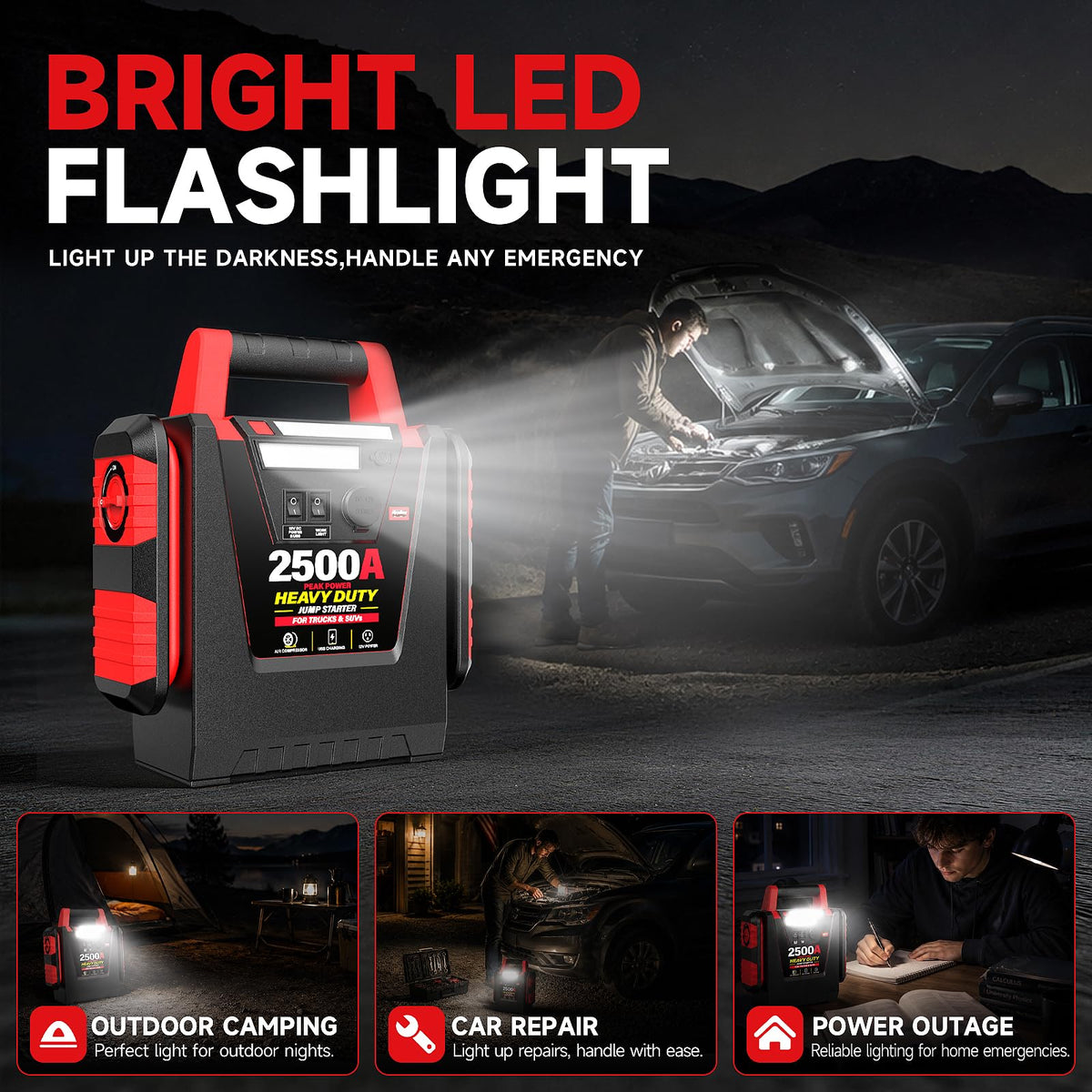 12V Portable Car Jump Starter with Air Compressor and Work Light O45072