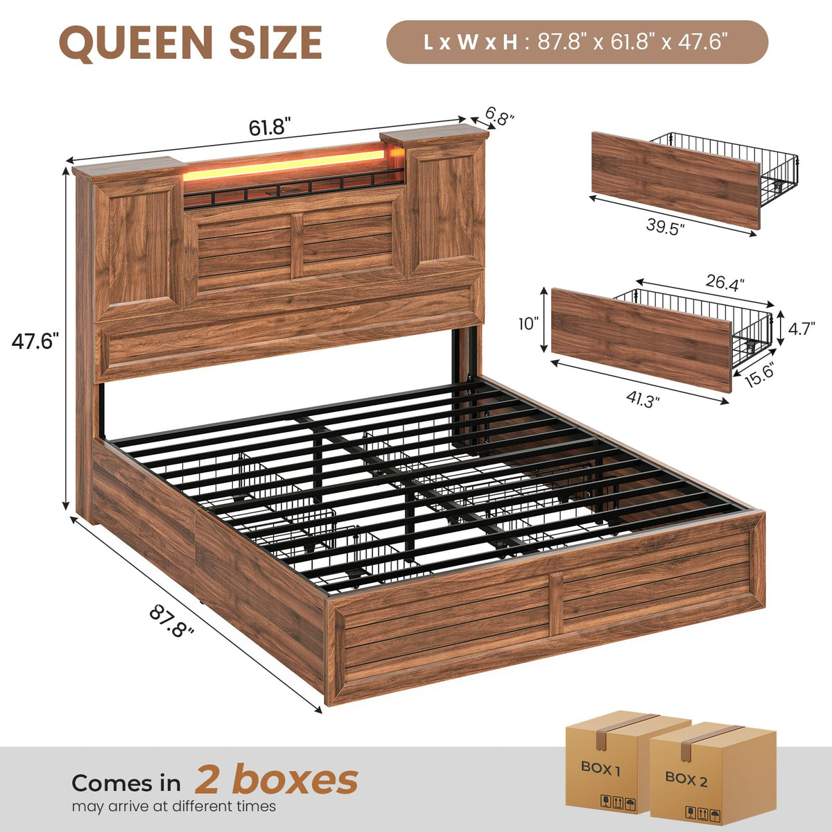 Queen Size Wooden Platform Bed Frame with Headboard Storage Drawers E818752