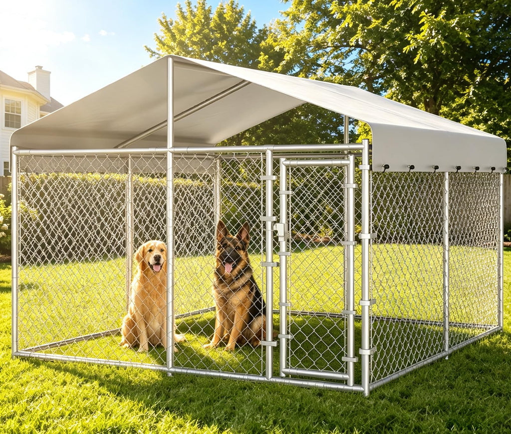 10x10ft Extra Large Heavy-Duty Chain-Link Dog Kennel with Roof J8438