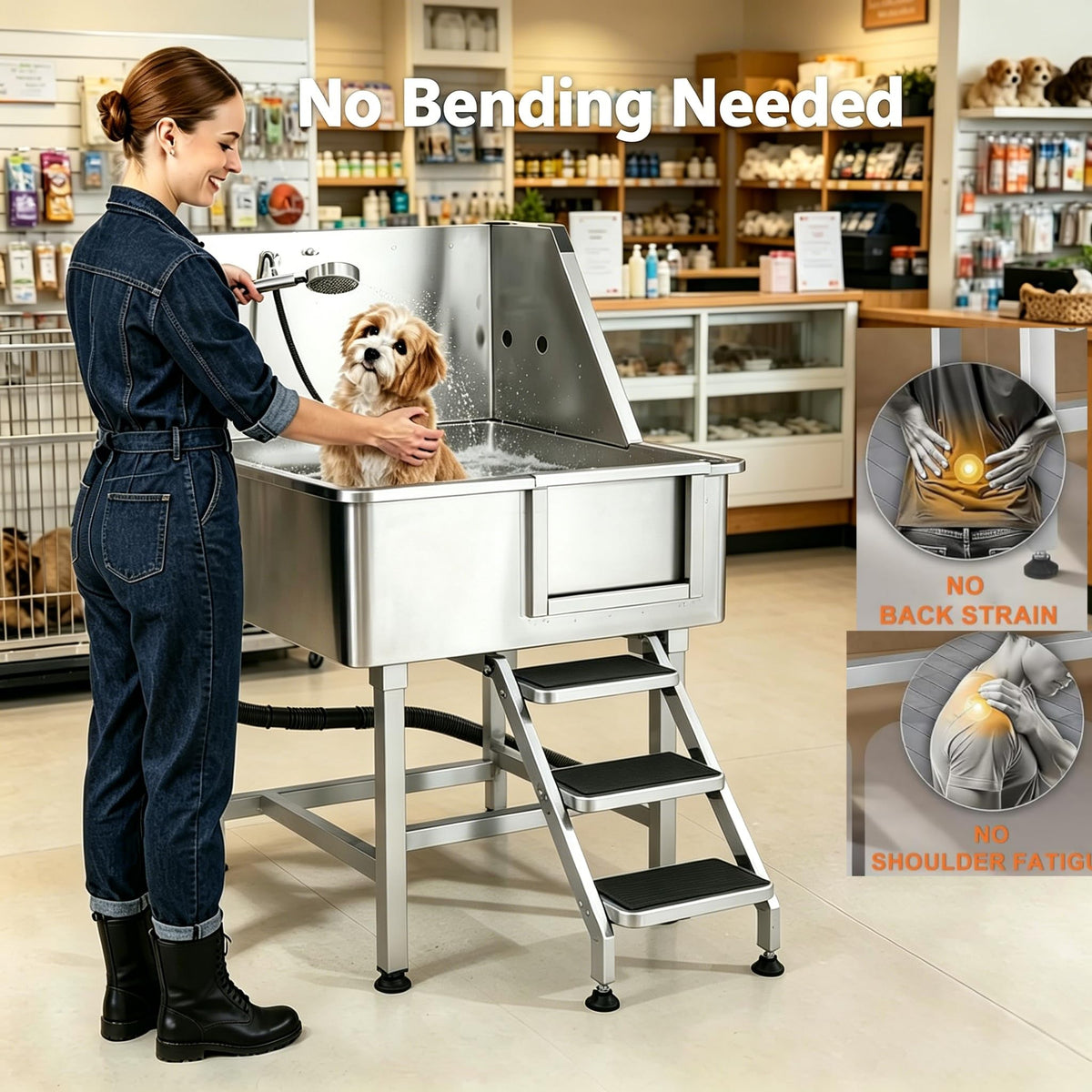 38” Stainless Steel Dog Washing Station with Faucet and Non-Slip Steps V1406