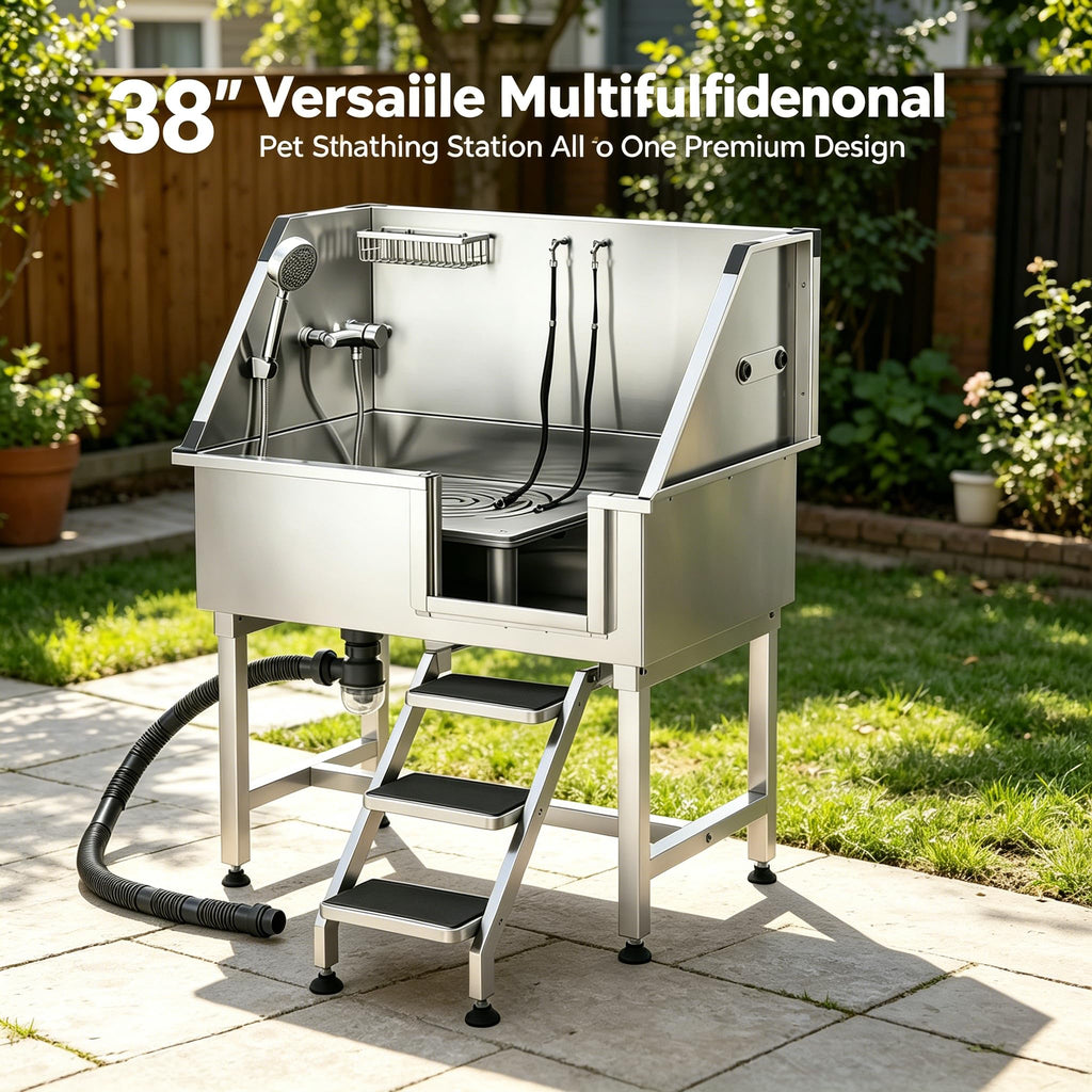 38” Stainless Steel Dog Washing Station with Faucet and Non-Slip Steps V1406