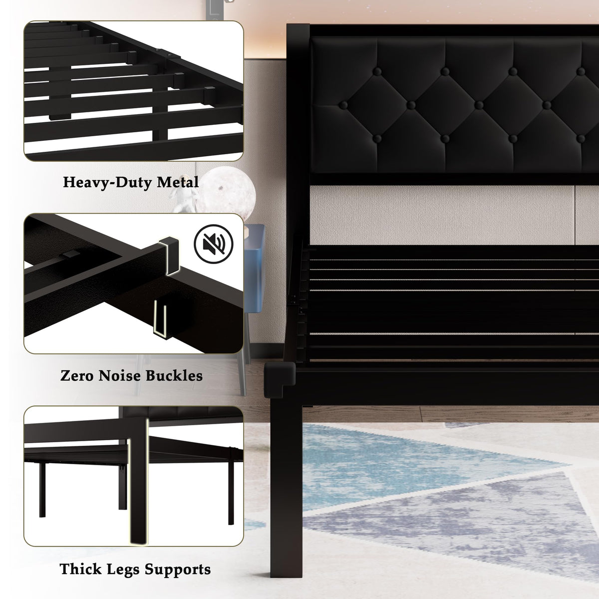 Twin Size Black Metal Platform Bed Frame with Faux Leather Tufted Headboard S2403