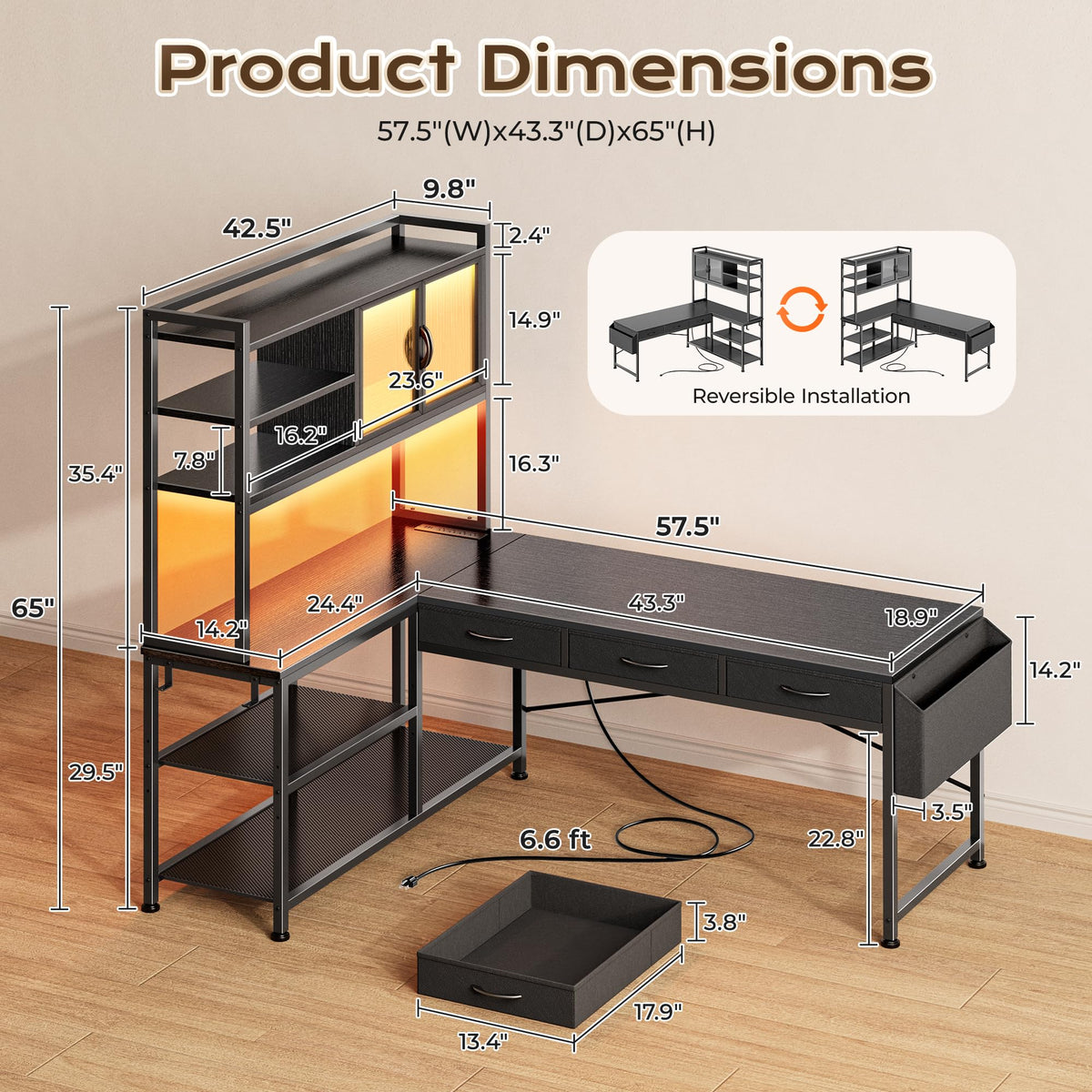 57.5 Inch L Shaped Gaming Desk with Power Outlets V2865