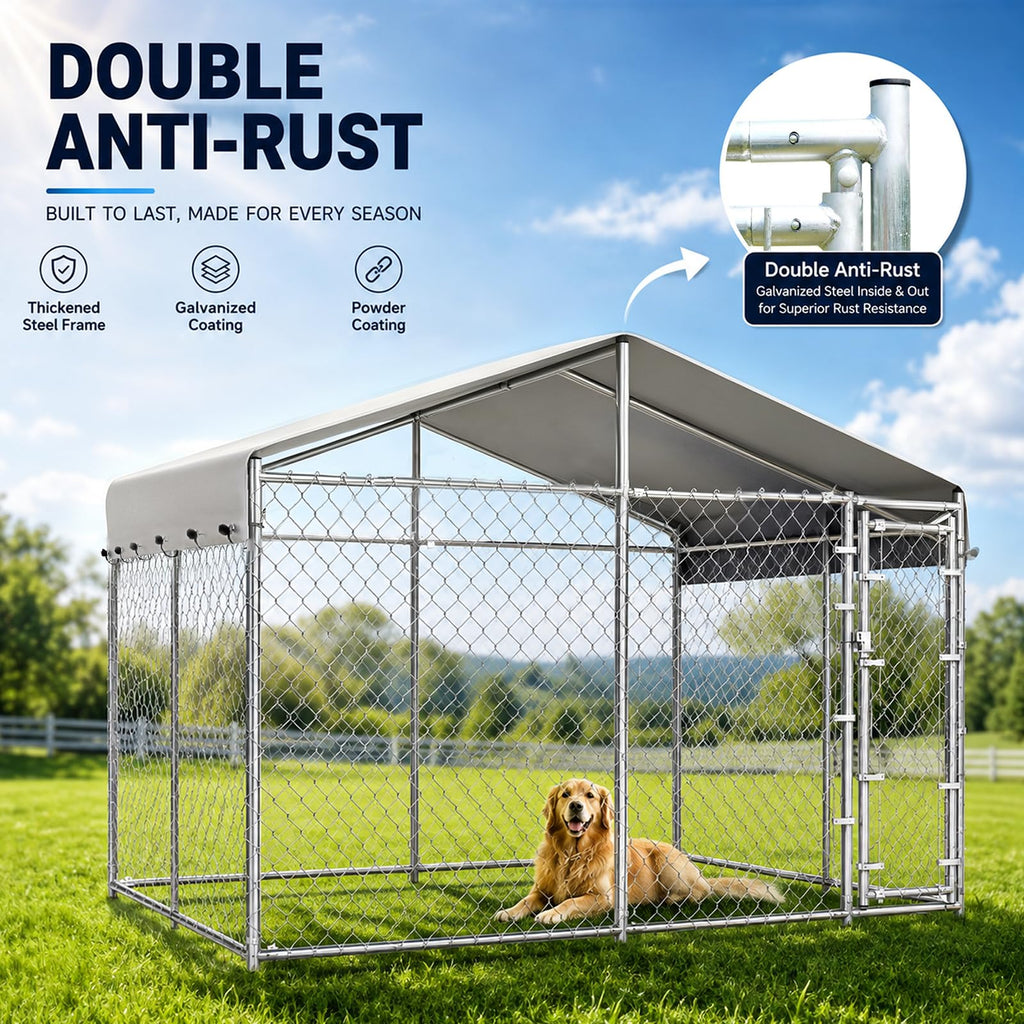 10x10ft Extra Large Heavy-Duty Chain-Link Dog Kennel with Roof J8438