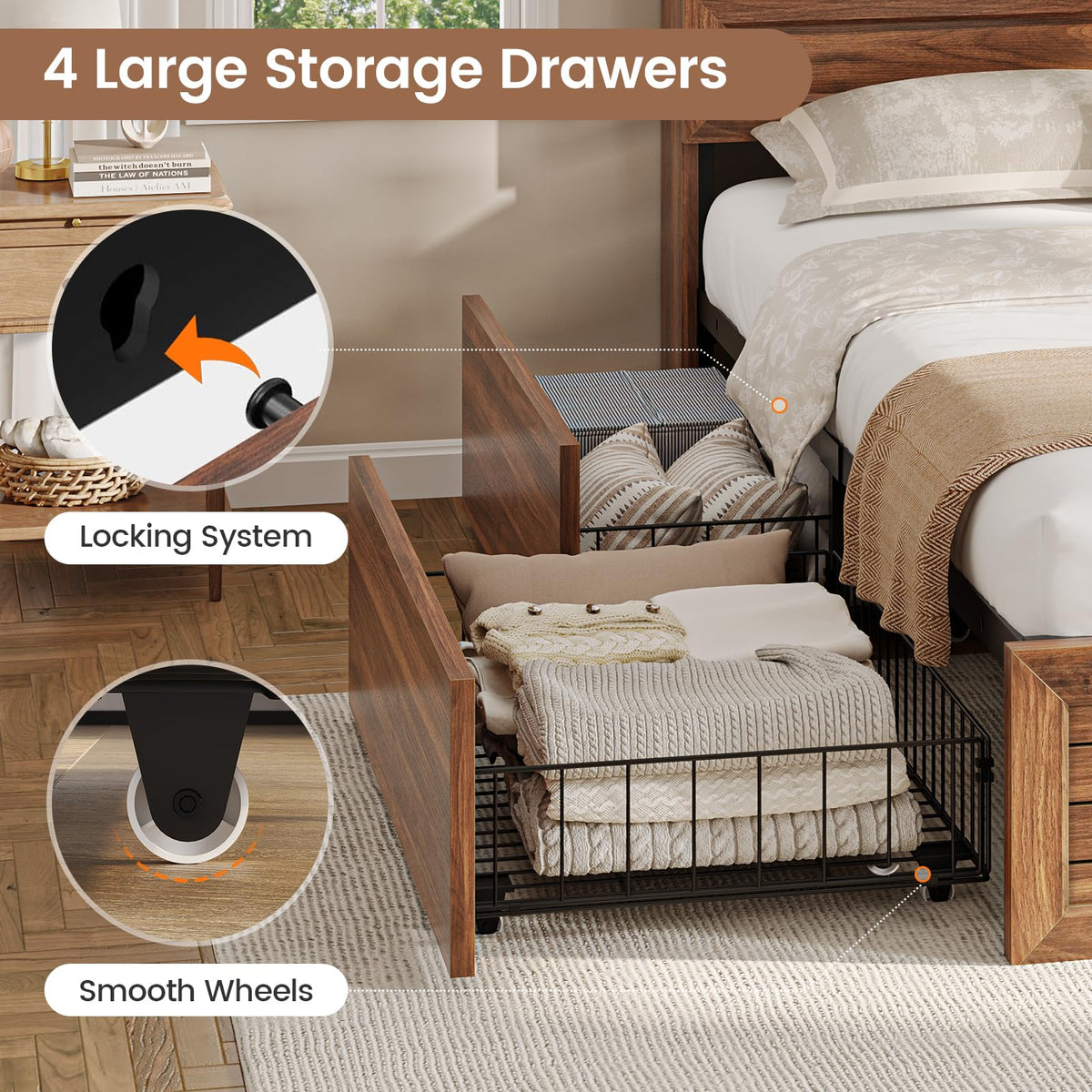Queen Size Wooden Platform Bed Frame with Headboard Storage Drawers E818752