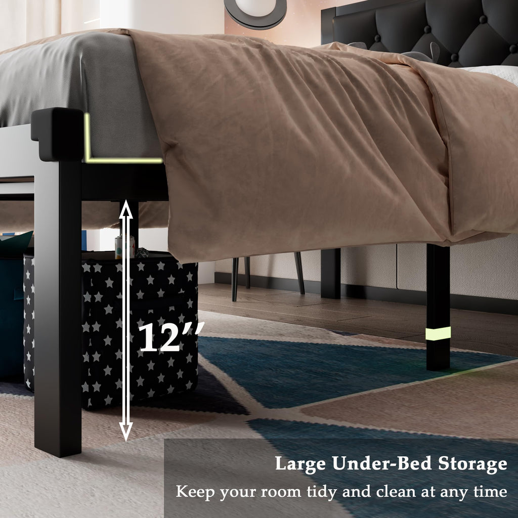 Twin Size Black Metal Platform Bed Frame with Faux Leather Tufted Headboard S2403