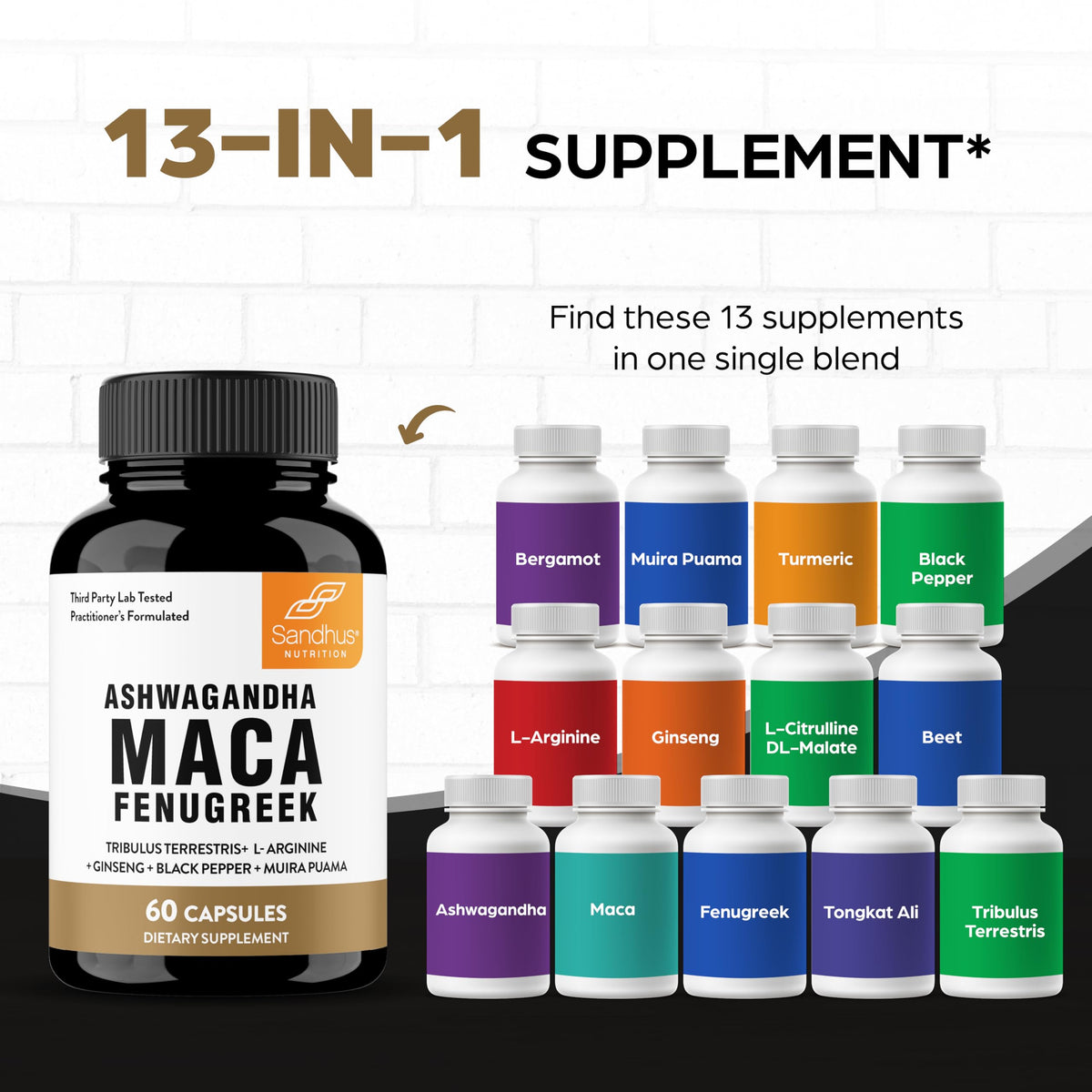 Maca Root Fenugreek Ashwagandha L-Arginine Ginseng Muira Puama Herbal Supplement 60 Capsules W15629