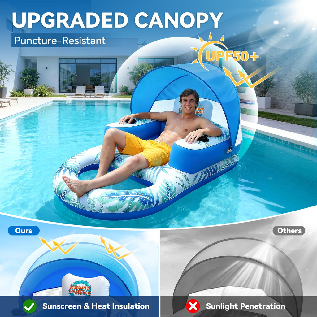 Rechargeable Motorized Pool Float Lounger with Canopy and Cup Holder S529