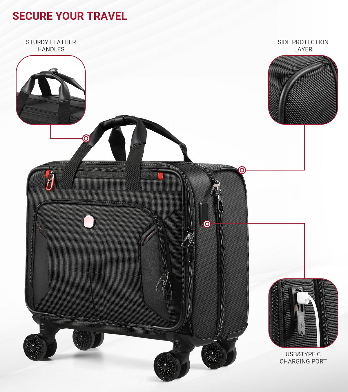 Rolling Laptop Bag with USB & Type-C Charging Port, Water Resistant 17.3 Inch K3756