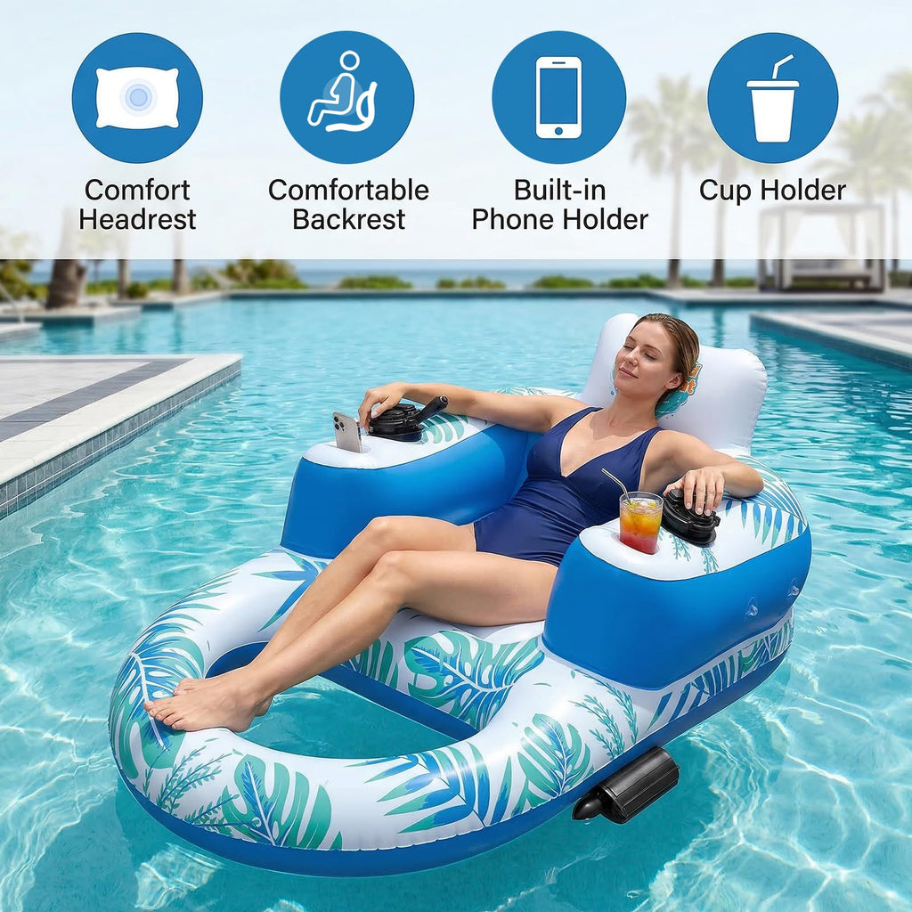 Rechargeable Motorized Pool Float Lounger with Canopy and Cup Holder S529