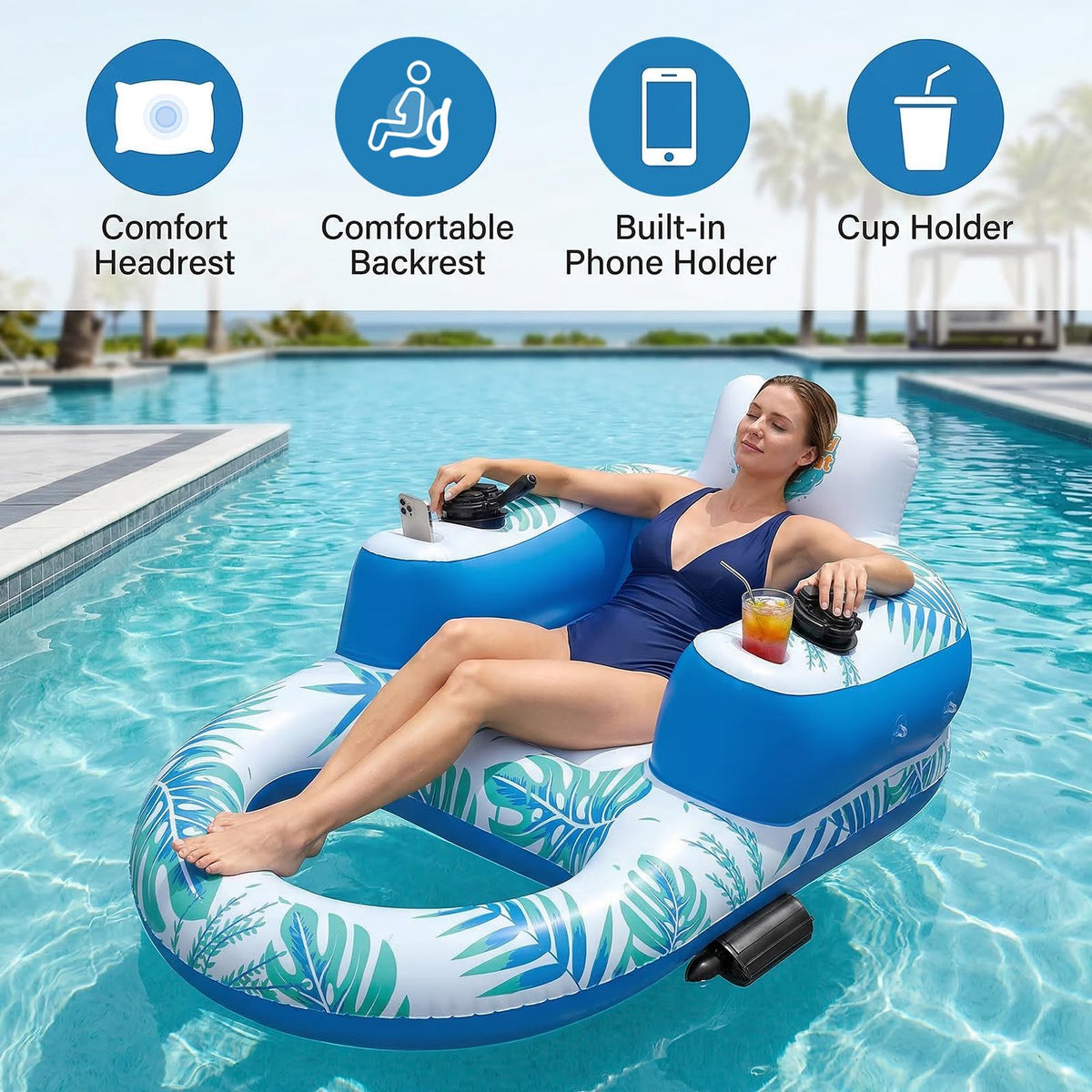 Rechargeable Motorized Pool Float Lounger with Canopy and Cup Holder S529