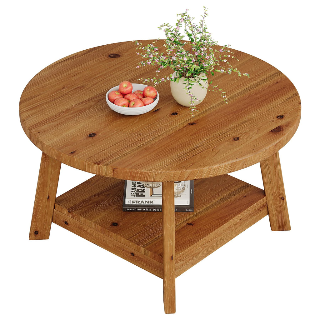 Solid Wood Round 2-Tier Coffee Table with Storage Shelf E5553