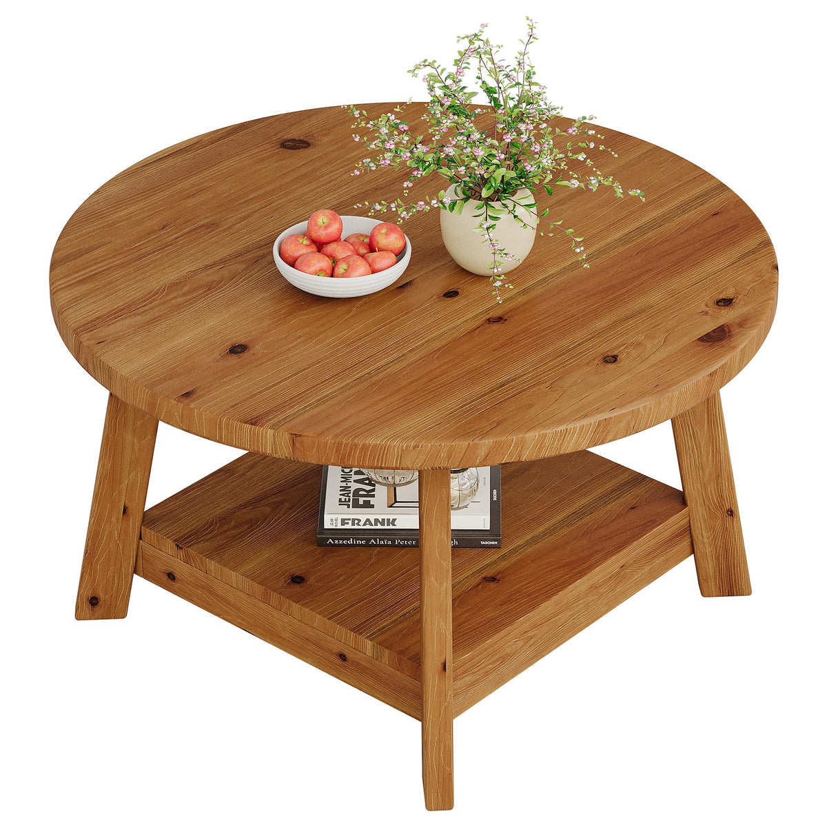 Solid Wood Round 2-Tier Coffee Table with Storage Shelf E5553
