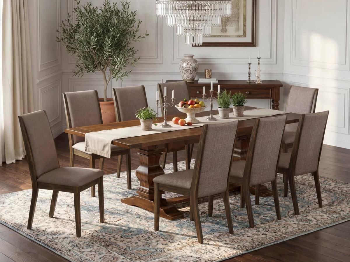 9 Piece Walnut Dining Table Set with Butterfly Leaf and 8 Dark Khaki Linen Fabric Chairs G7454