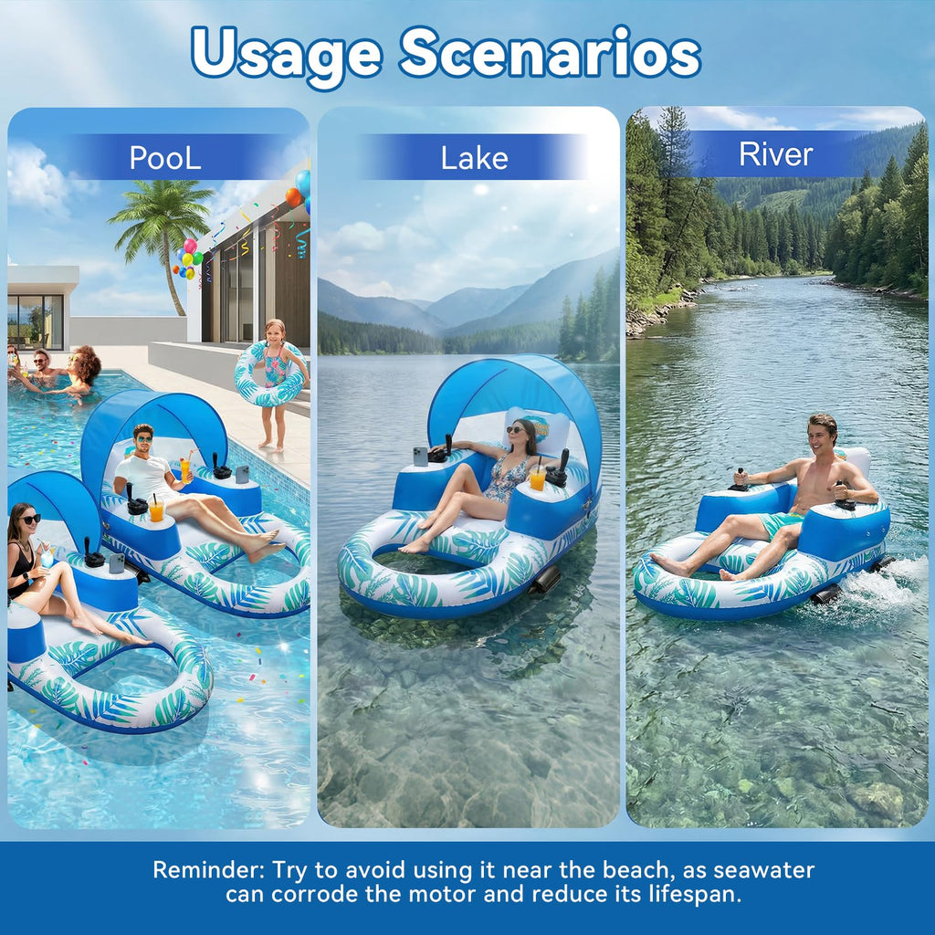 Rechargeable Motorized Pool Float Lounger with Canopy and Cup Holder S529