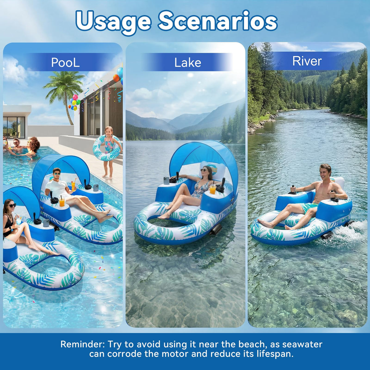 Rechargeable Motorized Pool Float Lounger with Canopy and Cup Holder S529