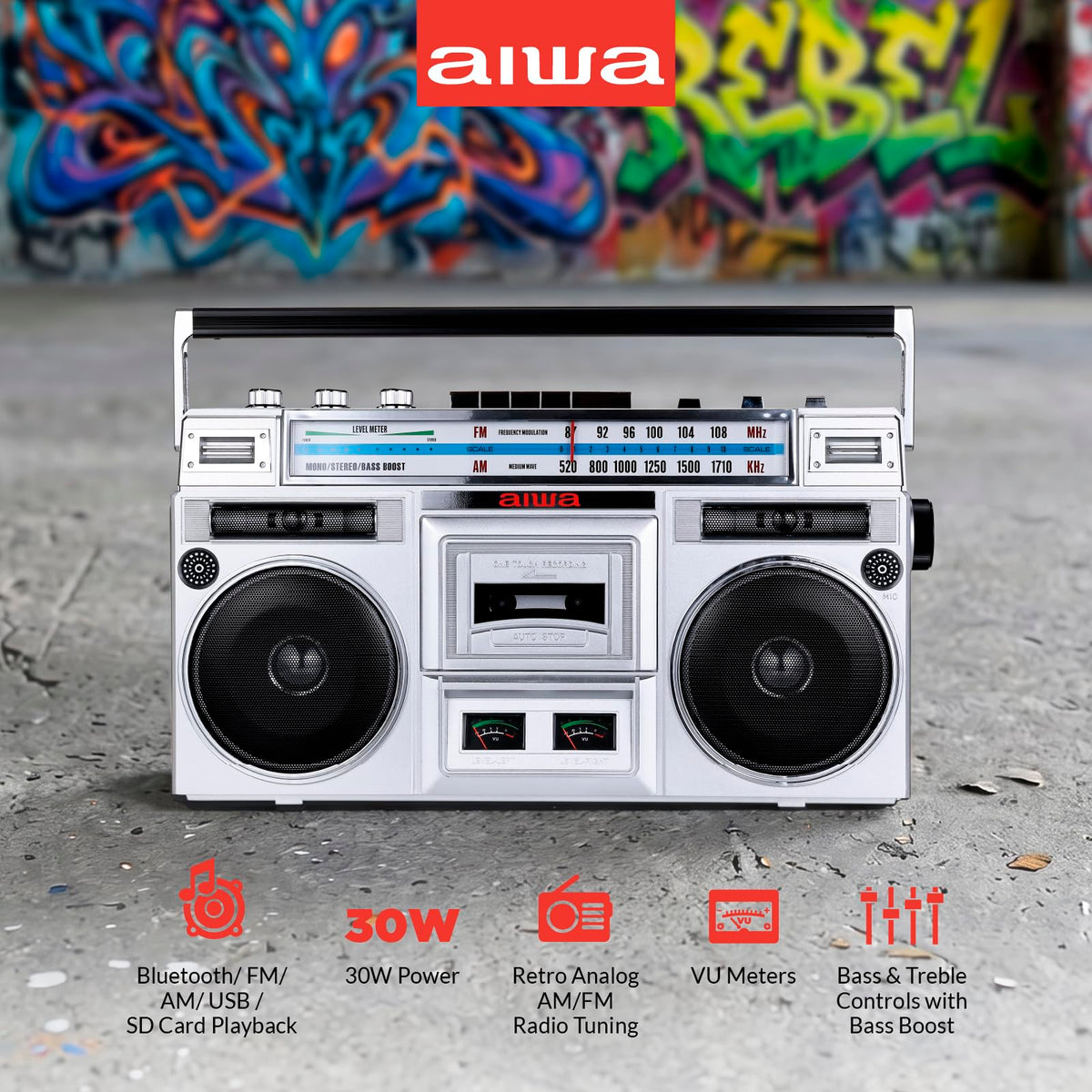 Portable Retro Boombox Bluetooth Speaker with Cassette Player H728653
