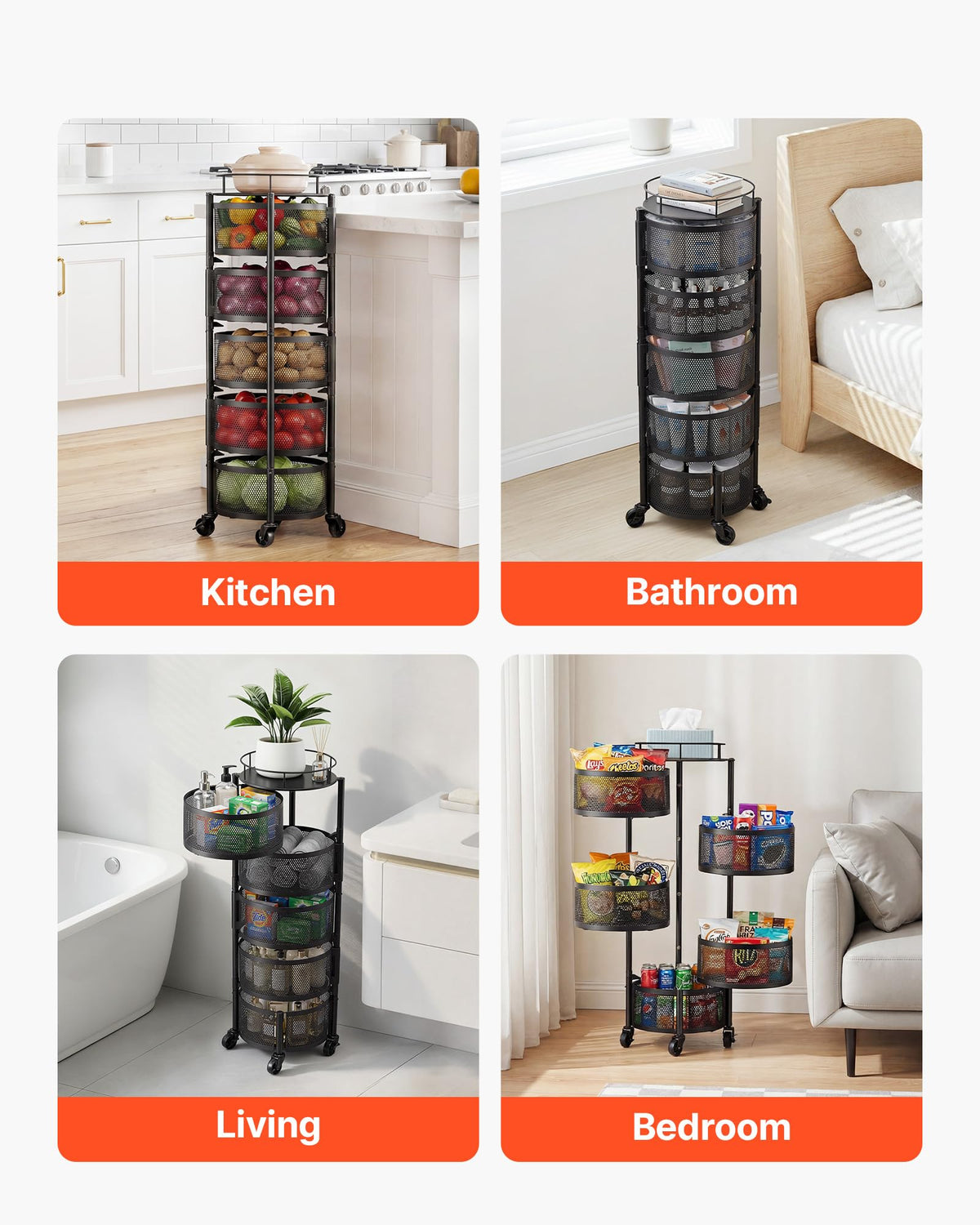 5 Tier Rotating Storage Rack Cart on Wheels, Black A421480