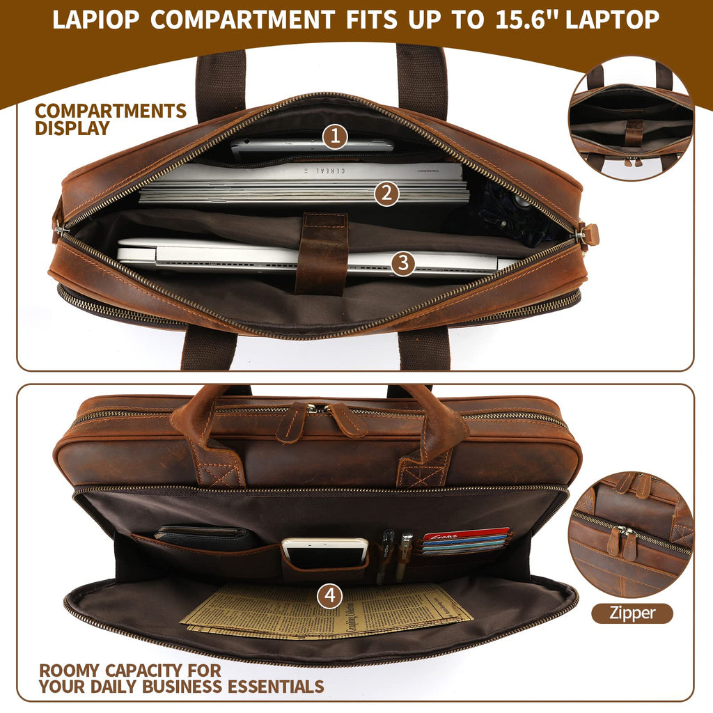 Full Grain Leather Briefcase Fits 15.6 Inch Laptop O8373