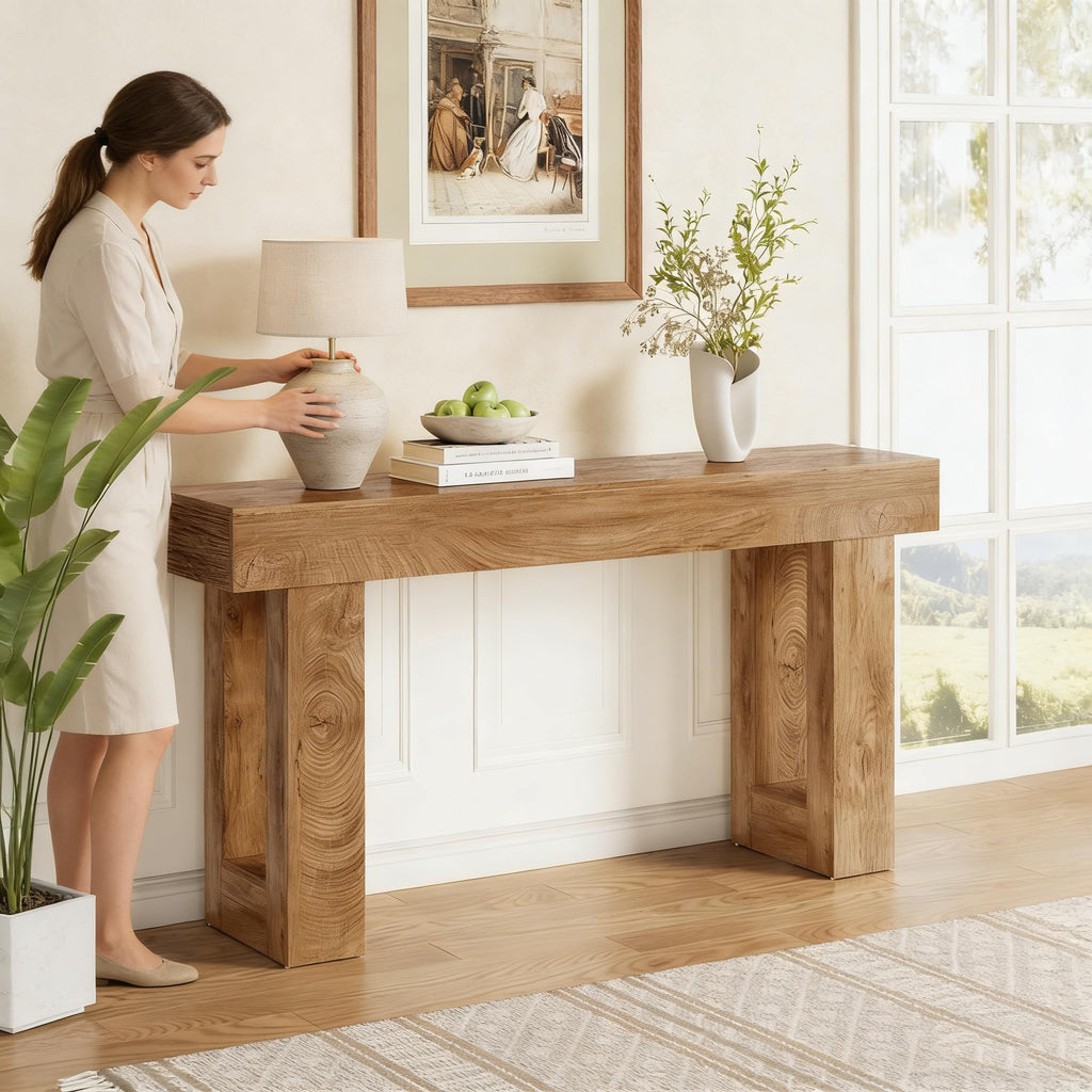 63 Inches Oak Color Wooden Console Table E957