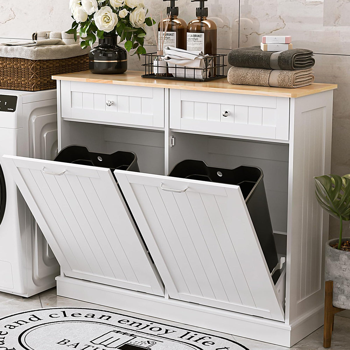 White 2x13 Gallons Tilt Out Trash Can Cabinet G8971