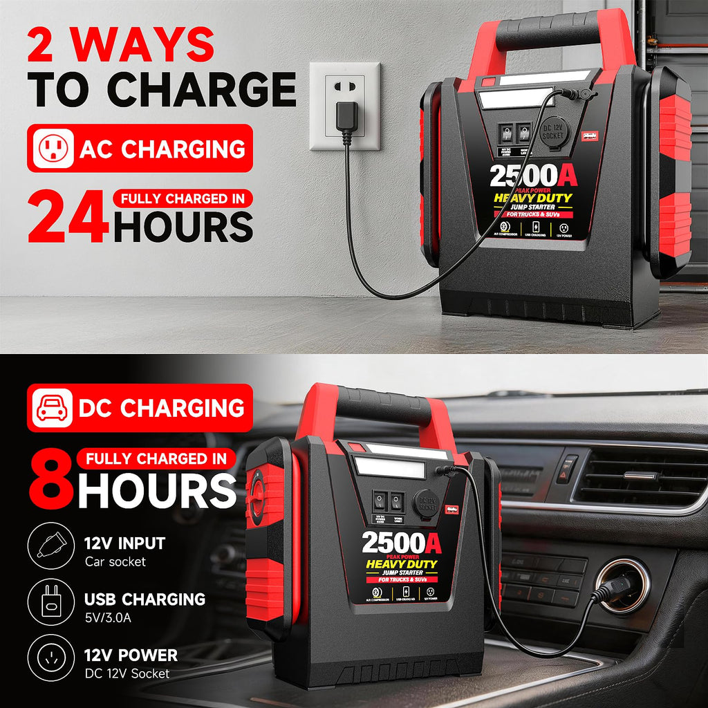 12V Portable Car Jump Starter with Air Compressor and Work Light O45072