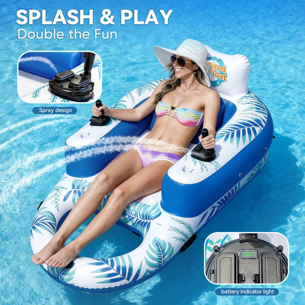 Rechargeable Motorized Pool Float Lounger with Canopy and Cup Holder S529