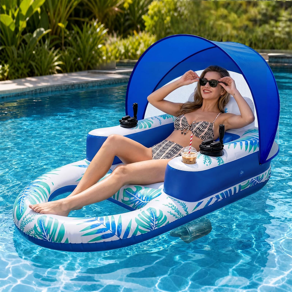 Rechargeable Motorized Pool Float Lounger with Canopy and Cup Holder S529