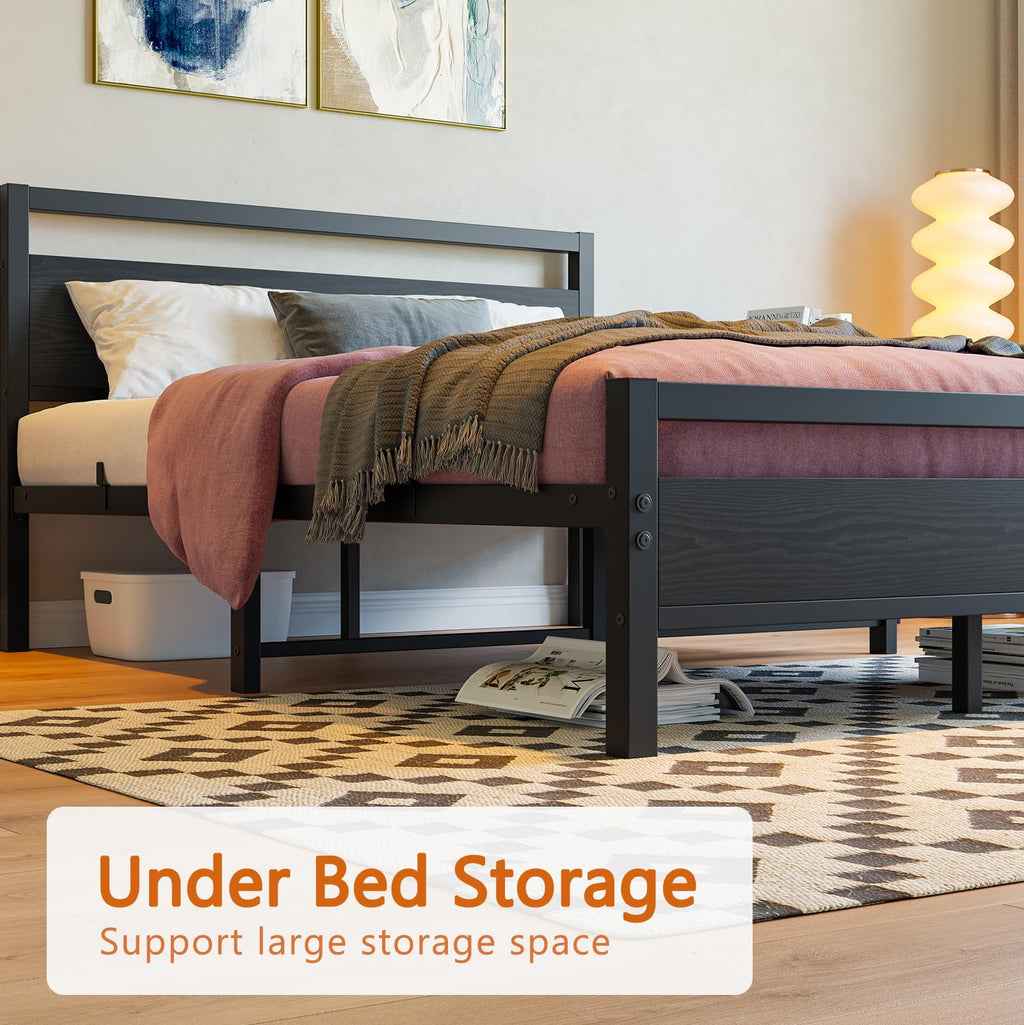 Black Full Size Bed Frame with Wood Headboard and Storage S41193