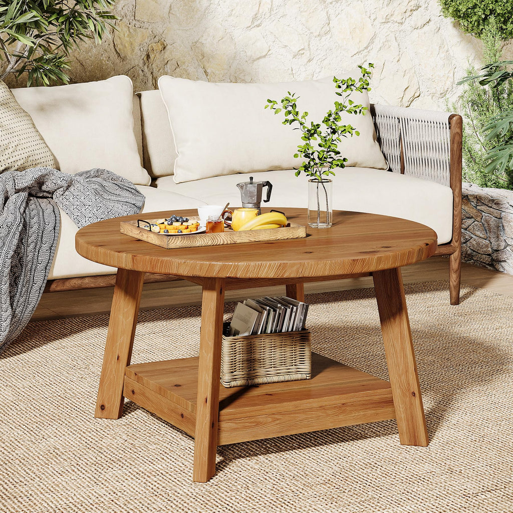 Solid Wood Round 2-Tier Coffee Table with Storage Shelf E5553
