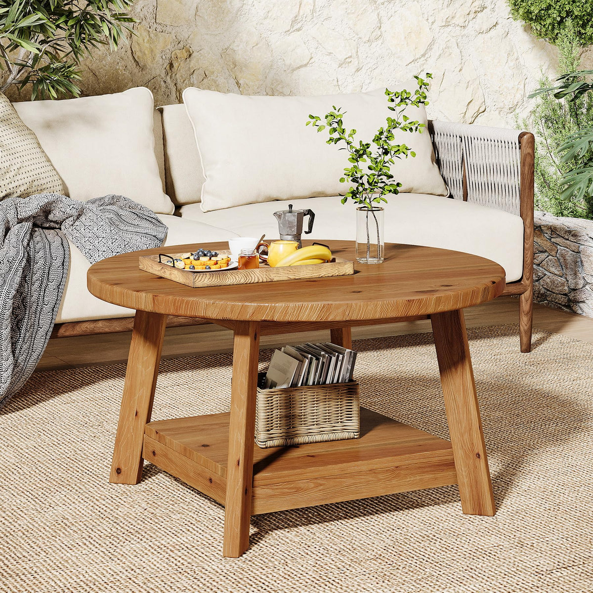 Solid Wood Round 2-Tier Coffee Table with Storage Shelf E5553