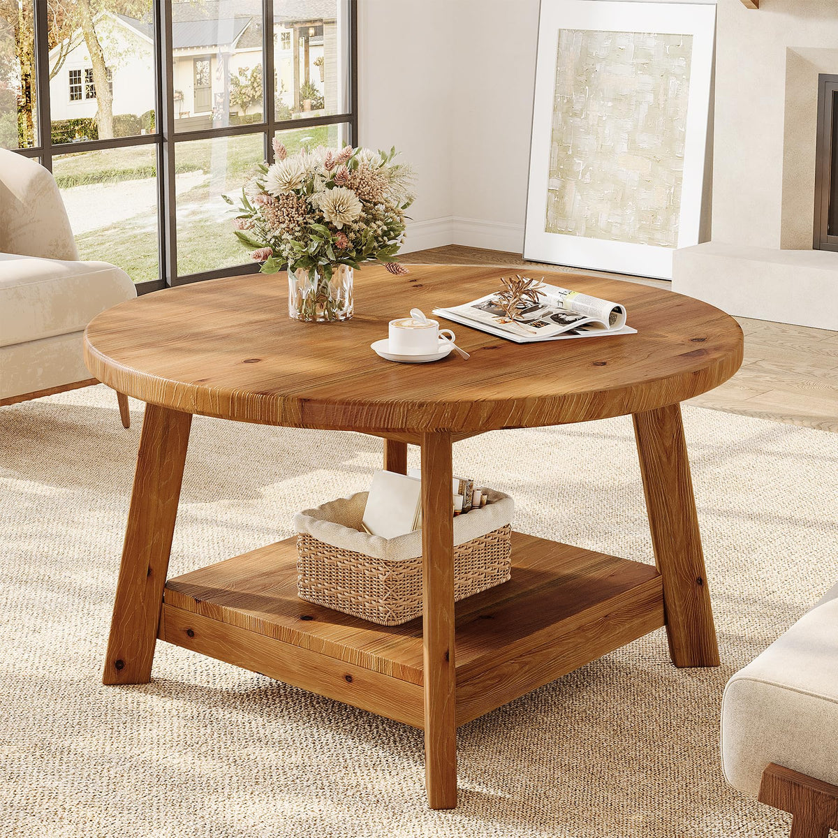 Solid Wood Round 2-Tier Coffee Table with Storage Shelf E5553